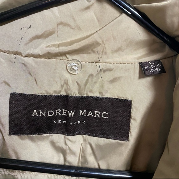 ANDREW MARC Womens Parka Coat Large Tan Down Fill Long Puffer Fur Jacket FLAWS - Picture 2 of 11